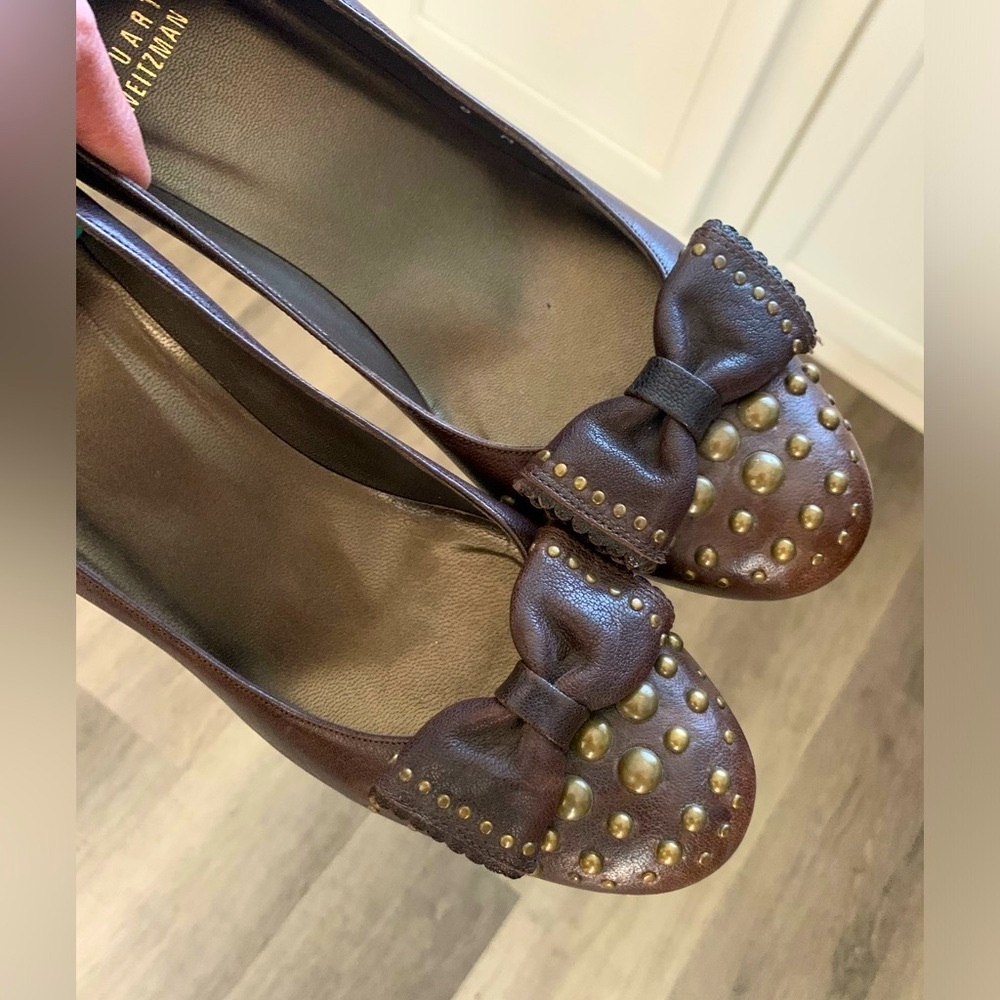 Stuart Weirzman Vintage Y2K Office siren Brown Leather Studded Bow Heels… - Picture 11 of 15